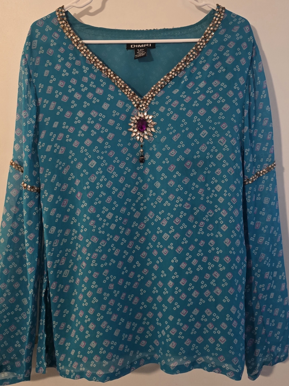 Teal Embellished V-Neck Silk Tunic Top